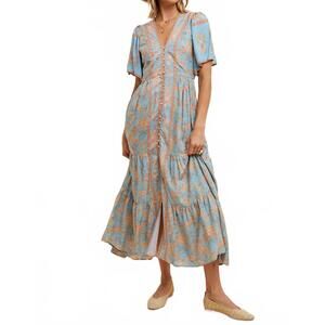NEW IN-LOOM border front button front midi dress in dusty blue